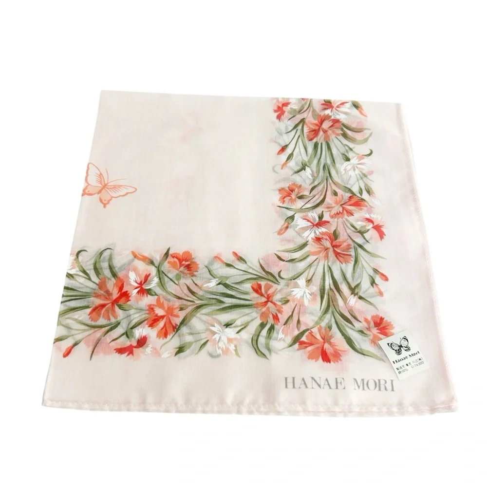 NWT Hanae Mori Pink Floral Handkerchief 100% Cotton Scarf, Japanese Designer VTG